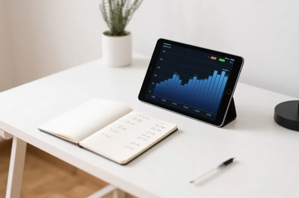Clean modern planning workspace with a tablet displaying dynamic financial charts and a notebook with clean calculations